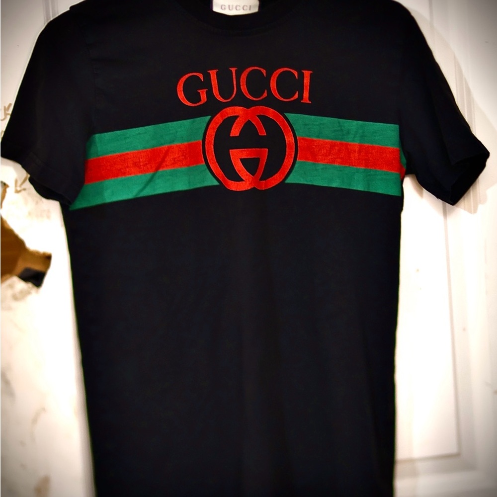 Gucci Black Tee with Red and Green Stripes